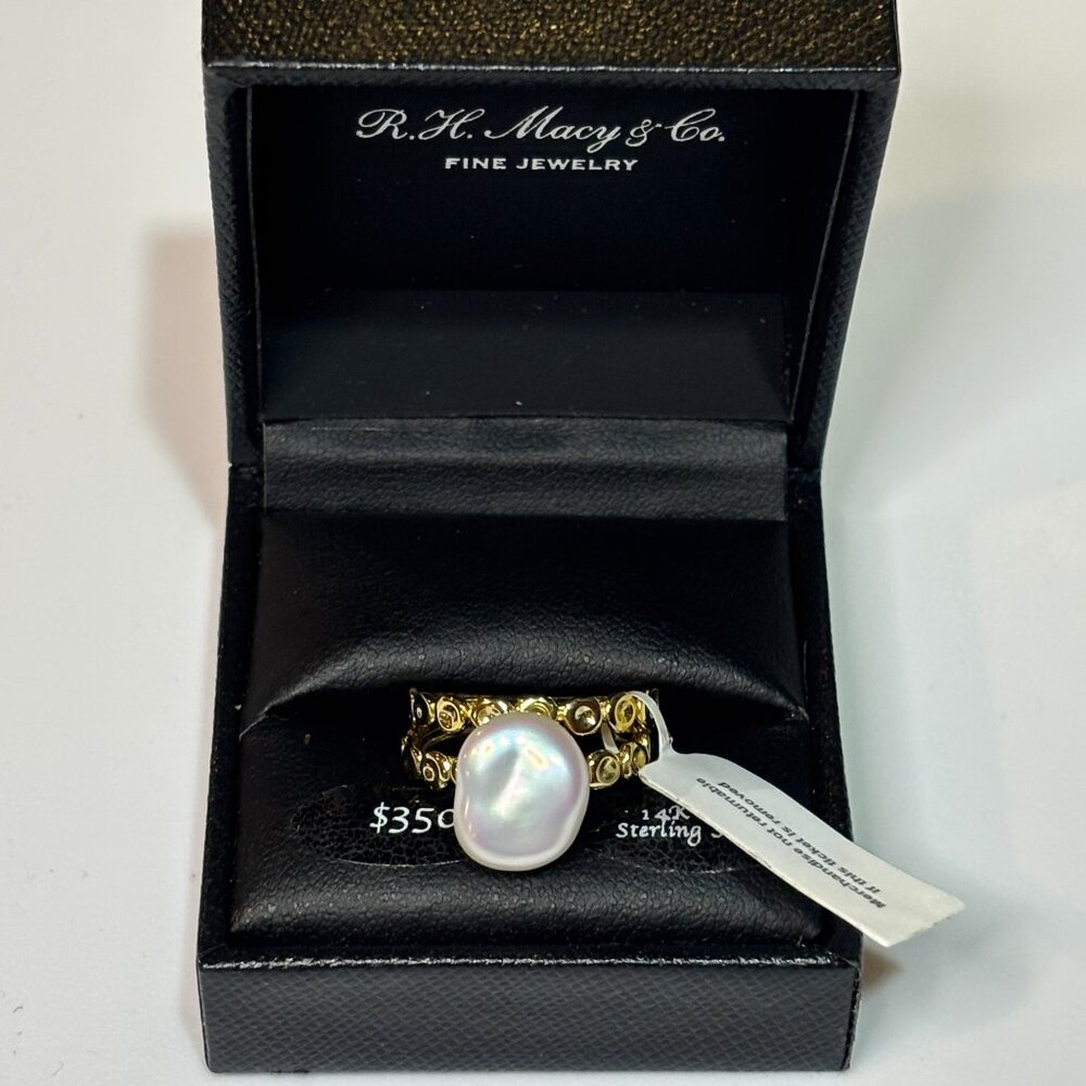 NWT Cultured Freshwater Pearl Double Row Ring in 14k Gold-Plated Sz 7